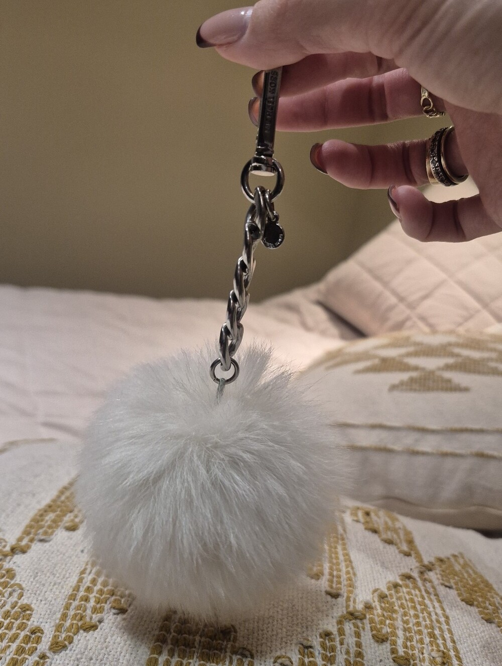 Michael Kors White Faux Fur Pom Pom Keychain with Silver Chain